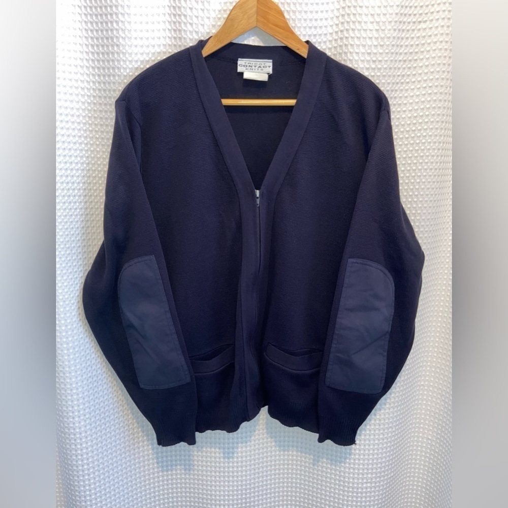 Vintage Tricot Contact Knits zipped navy‎ blue ribbed knit Cardigan Sz Large